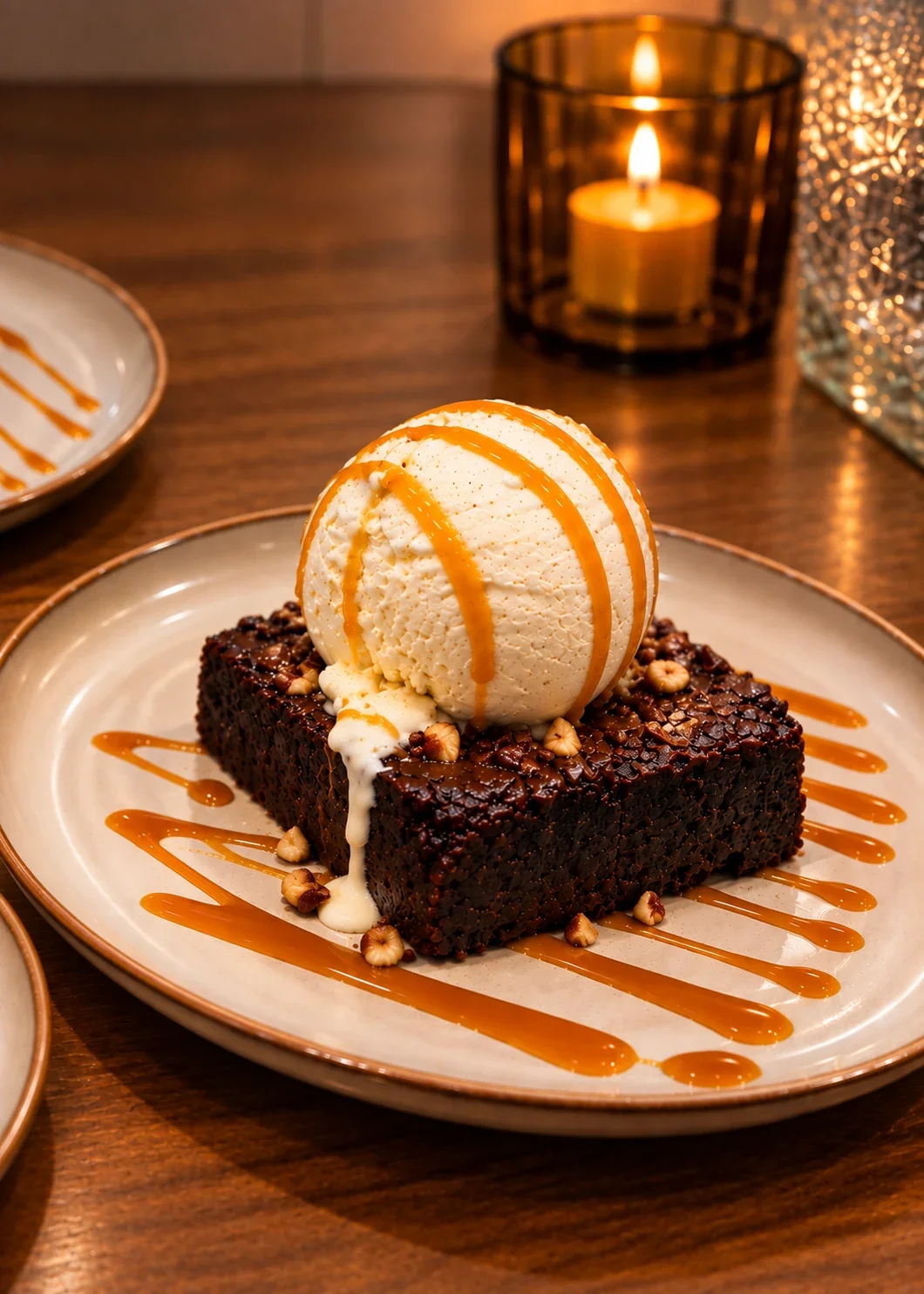 Warm pecan and caramel chocolate brownie at Sevana